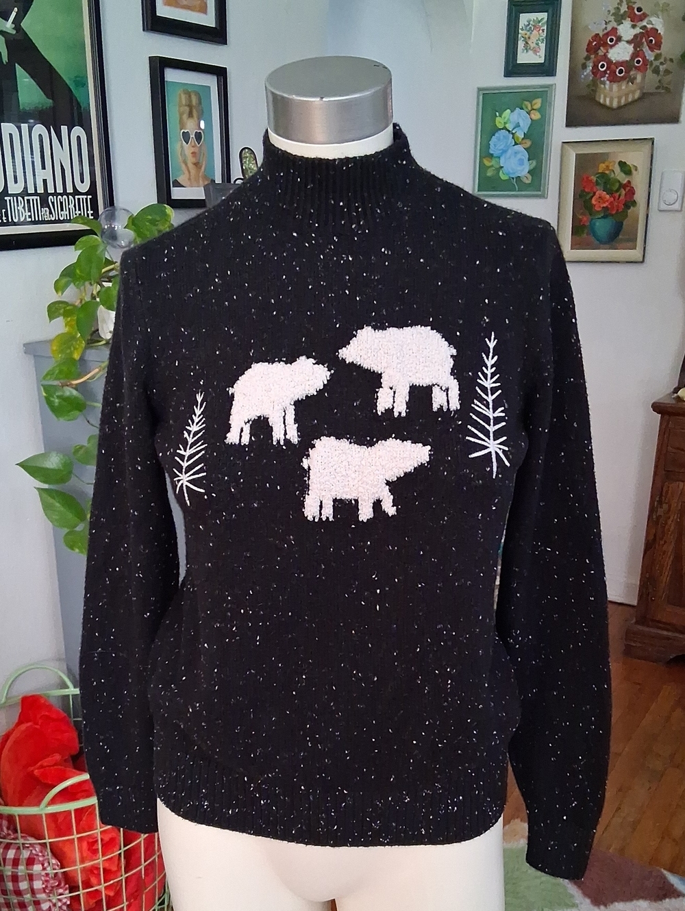 LOFT Black Speckled Knit Sweater with White Polar Bear Motifs